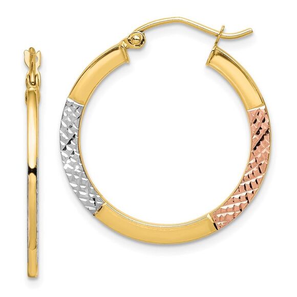 10K White & Rose Gold Rhodium D/C 2.5x25mm Hoop Earrings